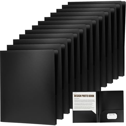 SEWACC 12 Pièces Dossier Noir en Plastique avec Double Poche et Emplacement pour Cartes de Visite, Organisateur de Fichiers Pratique pour Bureau et Rangement de Documents A4
