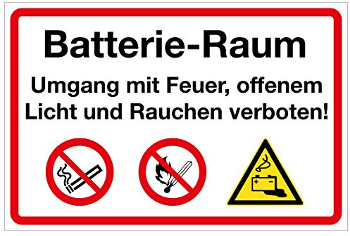 WANDKINGS Hinweisschild - Batterie-Raum Umgang mit Feuer, offenem Licht und Rauchen verboten! - stabile Aluminium Verbundplatte - Wähle eine Größe - 30x20 cm