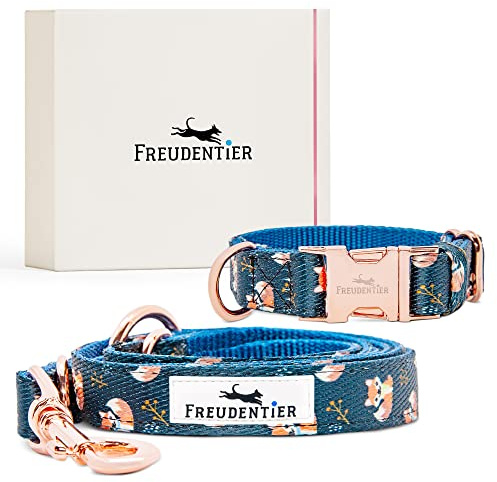 FREUDENTIER Hundehalsband & Hundeleine 2m im Set, Let's get Foxy Kollektion | Halsband & Leine perfekt abgestimmt im edlen Look - Inkl. Geschenkbox - Für kleine, mittelgroße & große Hunde