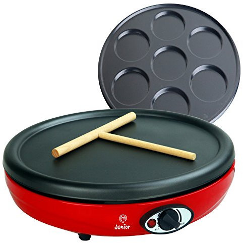 Masterchef Junior - Crepera Eléctrica Easy Party - 2 Placas Intercambiables para Crêpes y Mini Crepes - Potencia de 1000W - Revestimiento Antiadherente - Incluye Rodillo Esparcidor en Forma de T