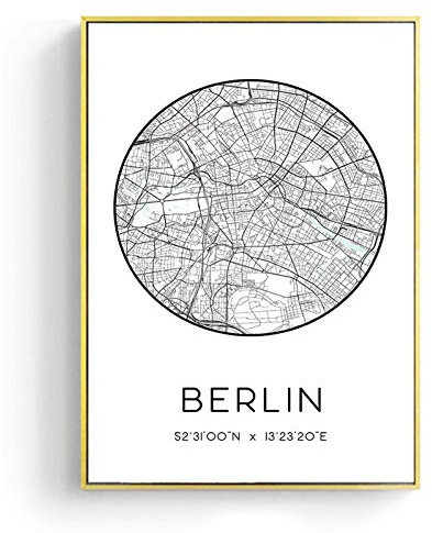JWJQTLD Leinwanddruck Berlin Minimalistische Städte Karte Leinwand Poster Und Drucke Wall Art Bild Wohnzimmer Home Decor