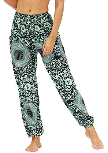 Nuofengkudu Femme Harem Pantalon Sarouel Thaïlandais Hippie Baggy Léger Boho Ethnique Smockée Taille Haute avec Poches Yoga Pants Été Plage(Y-Modèle J,Taille Unique)