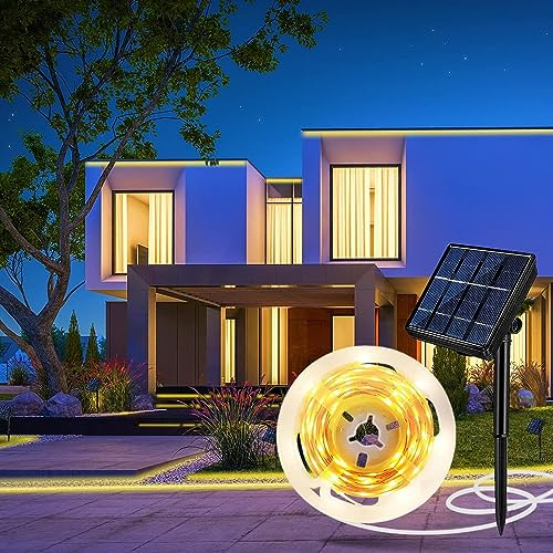 Aitesuo 5m Solar LED Strip Lights Outdoor, Warm White 3000K Solar Powered Flexible Tape Lights, 8 Lighting Modes, 180 LED, Cuttable, IP65 Waterproof Rope Light for Garden Fence Porch Gazebo Decor