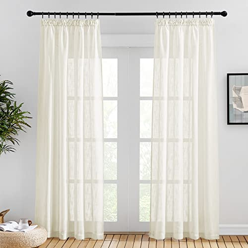 PONY DANCE Leinenoptik Vorhänge für Schiene Gardinen Halbtransparent | 2er Set, 220cm Lang, Hellbeige, Luftig, Lichtdurchlässig, Sichtschutz, Boho, mit Kräuselband, für Schlafzimmer Wohnzimmer