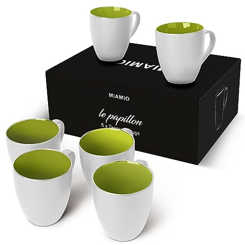 MIAMIO - Set med 6 Kaffemuggar 350 ml – Moderna Kaffekoppar i Keramik Vit Grön – Stora Muggar för Kaffe, Te och Cappuccino – Tål Diskmaskin och Mikrovågsugn