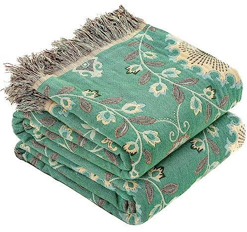 HOORDRY 100% Baumwolle Boho Decke 150x200CM,Doppelseitig Gewebte Tagesdecke mit Fransen Couchdecke Sesseldecke Wohndecke Wendedecke Kuscheldecke Sofadecke mit Muster,Sonnenblumen,Grün/Beige
