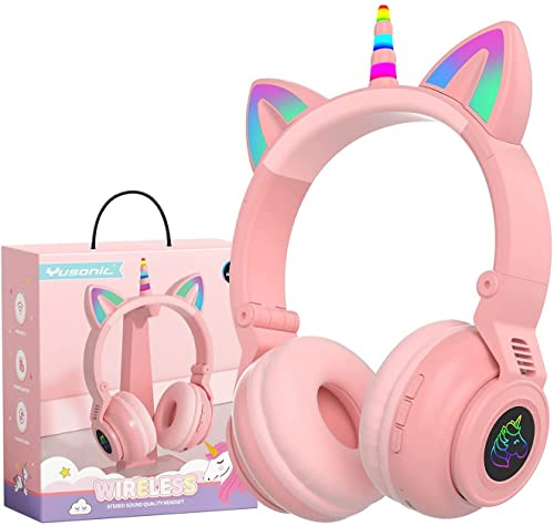 hisonic Einhorn Kopfhörer Bluetooth, Bluetooth Kinderkopfhörer für Mädchen mit Bunte Lichter, Mikrofon und SD-Kartensteckplatz für Kinder ab 3 Jahre. (Rosa)