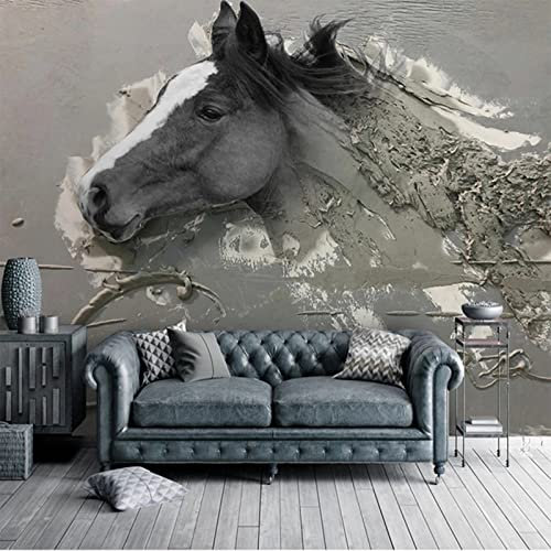 BOEERLCNL Schlafzimmer Wohnzimmer Sofa Hintergrund Wanddekoration 3D Wandrelief schwarz weißes Pferd Tier Fototapete