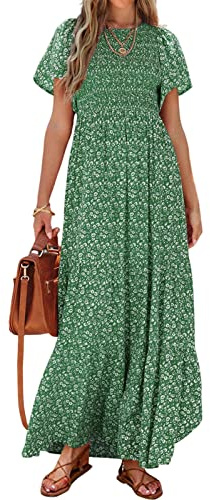 PRETTYGARDEN Womens Casual Floral Crew Neck Flutter Short Sleeve Long Summer Holiday Dress Party Maxi Wedding Guest Dresses (Green,Large)
