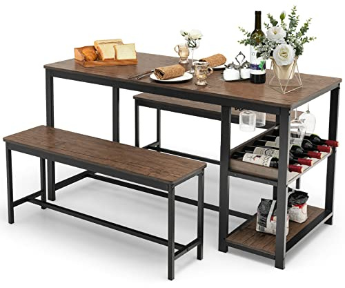 COSTWAY Dining Table Set with 2 Benches, Kitchen Table and Benches with Glass Holder, Wine Rack & Storage Shelf, 3 PCS Space-Saving Breakfast Dinette Table Furniture Set for 4 People