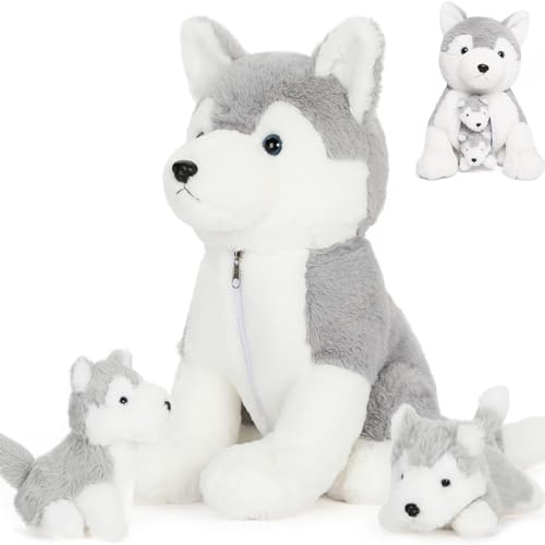 MorisMos Husky Kuscheltiere Hund mit 2 Baby im Bauch, 40cm Weich Plüschhund Stofftier, XXL Kuschelig Hund Spielzeug, Stuffed Dog Geburtstag Geschenk für Kinder