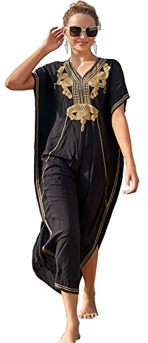 Lazz1on Donna Kaftan Lungo Abito da Spiaggia Maxi Bohemien Parei Copricostumi Copribikini Cover ups Scollo a V (H)