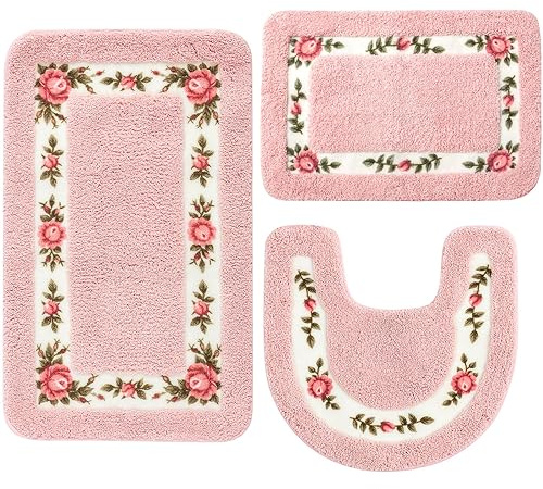 Drydiet 3 Pcs Rose Flowers Bathroom Rugs Set Coquette Room Decor Floral Carpet for Bathroom Bedroom Living Room, Floral Bath Mat Non Skid Romantic Rose Flower Area Rugs 3 Shapes(Pink,Small)