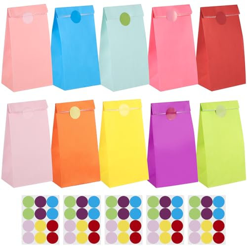 50 Stück Papiertüten Klein, Geschenktüten Kindergeburtstag Bunt Flachboden Kraftpapiertüten Mitgebseltüten Candy Tüten für Weihnachten Geburtstag Hochzeit Party (18x9x5.5cm)