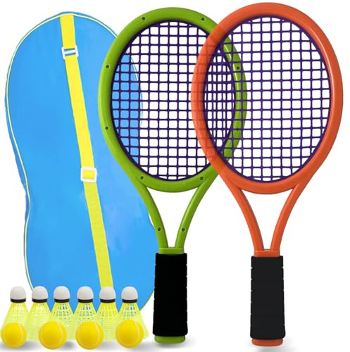 JHuiLap tennisracket för barn, inkluderar 2 säkra plastracketar (17 tum), 4 svampbollar och 6 fjäderbollar, lätta för åldrarna 3+ inomhus/utomhussport med bärväska (mörkt orange och grön)