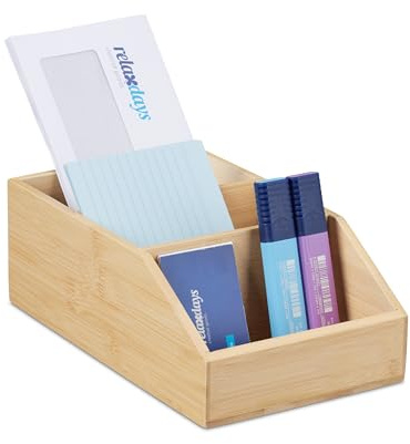 Relaxdays Schreibtisch Organizer, Bambus Ordnungssystem, 3 Fächer, H x B x T: 9 x 15,5 x 25,5 cm, Schreibtischbox, Natur