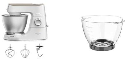 Kenwood Titanium Chef Baker KVC65.001WH - Küchenmaschine mit integrierter Waage, 1200 Watt, inkl. 3-teiligem Patisserie-Set, Spatel & Spritzschutz, Weiß & Glas-Schüssel KAB30.000CL, Zubehör