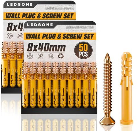 50 Pcs x 2 Wall Plugs and Screws Set Masonry Self Tapping Screws, 8 x 40mm Expansion Pipe Anchor Bolts), M6/M8/M10 Heavy Duty Wood Screw and Wall Plugs Kit for Brick, Concrete, Masonry, Drywall