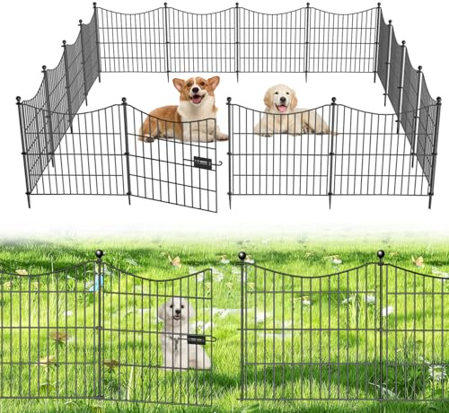 10 Panels Decorative Garden Fence with Gate, 24 in(H) X 20 ft(L) No Dig Dog Fence Animal Barrier Outdoor for Yard, Rustproof Metal Garden Edging and Borders, Temporary Fencing Stakes