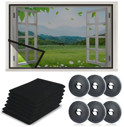 6 Stück Insektenschutz Fenster, Aktualisierung Insektengitter 1,3m x 1,5m mit 6 Rollen Selbstklebendem Klettband, Fliegengitter-Netze (6pcs Schwarz, 1,3m x 1,5m)