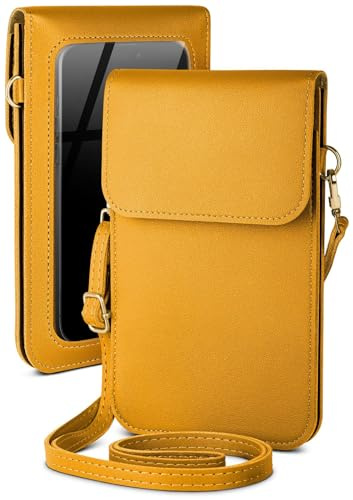 moex Handytasche zum Umhängen für CAT S62 Pro kleine Handtasche mit Handyfach und Sichtfenster, 2 extra Fächer Mini PU Leder Handy Umhängetasche Damen CitySling, Gelb