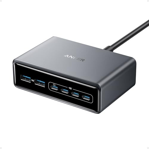 Anker Prime Chargeur USB C GaN 200 W, Station de Recharge 6 Ports GaN 200 W, Chargeur de Bureau Rapide USB C PD, pour iPhone 17/17 Plus/17 Pro Max/16/15/14/13, Samsung, MacBook, Dell et Autres