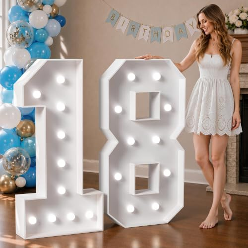 imprsv 4FT Light Up Numbers Large 18th Birthday Decorations Anniversary Decorations Party Decor Neon Sign Foam Board Marquee Numbers 18 Balloon Arch Backdrop