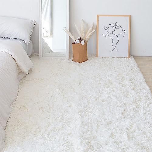 Swsen Teppich Wohnzimmer Super Weich - Shaggy Teppiche Flauschig Anti-Rutsch Unterseite - Moderner Carpet Waschbar Langflor Hochflor Teppiche 50x120cm, Weiß