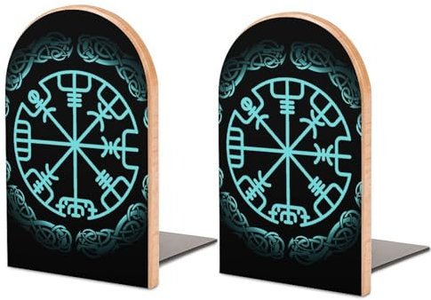 Buchstützen aus Holz, rutschfest, Wikinger, Vegvisir, magischer Navigationskompass, antike Buchstützen, Schreibtisch-Organizer, Bücherregal für Büro, Zuhause, Wohnheim, Dekoration (1 Paar)