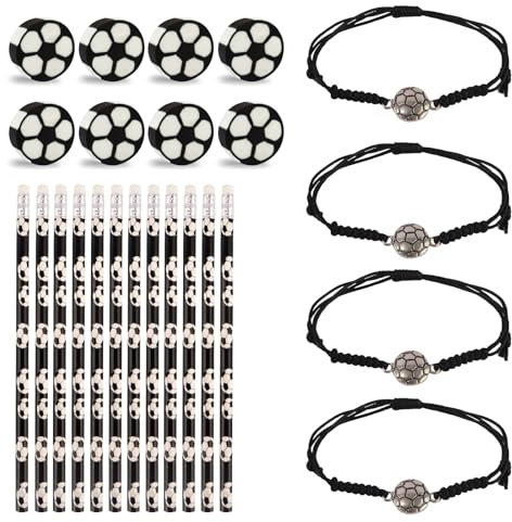 QHSXMQ 12 Stück Fußball Mitgebsel Bleistifte, 8 Stück Fußball Radiergummi Kinder Fussball Deko Geburtstag Kinder, 4 Fußball Armband, Bleistifte mit Radiergummi für Mitgebsel Kindergeburtstag Fussball