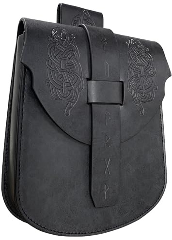 HiiFeuer Viking Gürteltasche aus Kunstleder mit Schlangenprägung, Nordische Medieval Vintage Portable Gürteltasche für Ren Faire (Schwarz B)