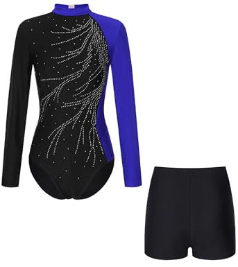 Fldy Gymnastikdräkt för kvinnor, långärmad med korta byxor, glitter, strass, gymnastikdräkt, balett, leotard, dansshorts set, konkurrens, danskostym, Kungsblå, XL