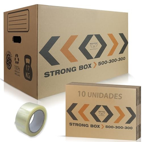 MARCPRINT Pack 10 Cajas + PRECINTO - Cajas de Cartón para Mudanza (50x30x30cm) Reforzadas y Resistentes - Certificación FSC
