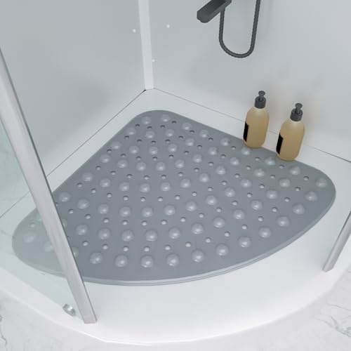 KOVOSCH Rutschfeste Anti-Schimmel-Duschmatte, gebogene Sicherheitsmatte mit Ablaufloch, maschinenwaschbar, antibakteriell (Grau, 54 x 54 cm)