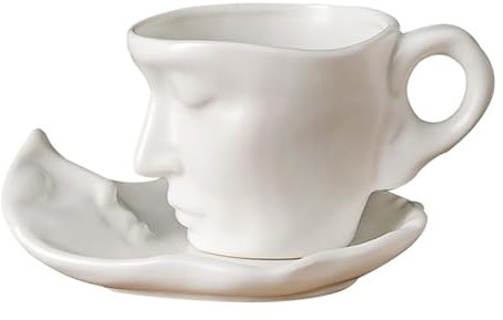 Jarsense 1 lot de tasses à café en céramique avec soucoupe et cuillère, 260 ml, tasse à café irrégulière pour petit déjeuner, tasse à thé créative (blanc)