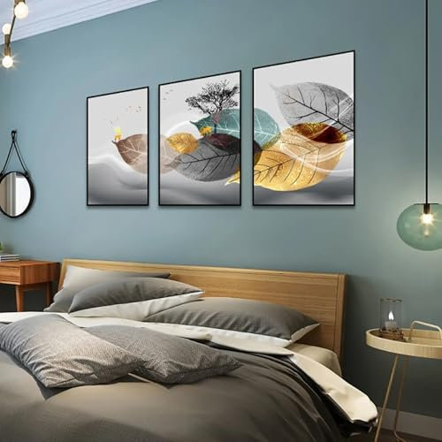 NXMYDBD 3-teiliges rahmenloses abstraktes grau-golden-blaues Blatt-Leinwandgemälde, Poster, Druck, Stillleben für Wohnzimmer, Heimwanddekoration, 50 x 70 cm (20 x 28 Zoll) x3, ungerahmt