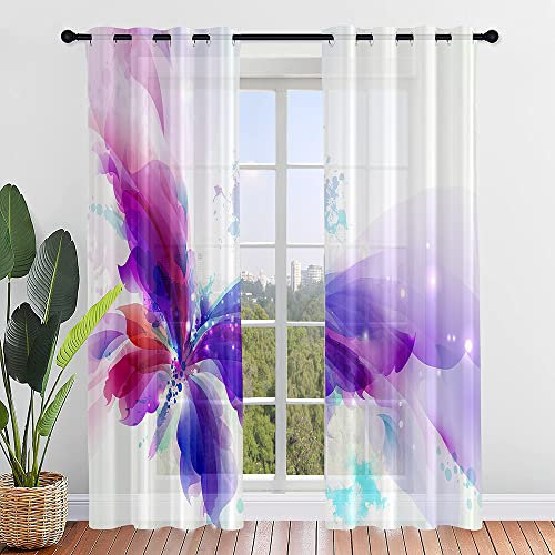 Lukery Vorhänge mit Ösen, Transparent Vorhänge Wohnzimmer 2er Set, Schmetterling Halbtransparent Gardinen Vorhänge Durchsichtig für Fenster Küche Wohnzimmer Landhaus (55x95cm,Lila)