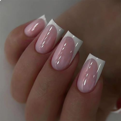 GlamRays 24 Stück Weiße Französische Spitze Press On Nails Kurze Quadratische Falsche Nägel Glänzend Pink Falsche Nägel Mit Kleb Auf Nagel Wiederverwendbar Voll Abdeckung