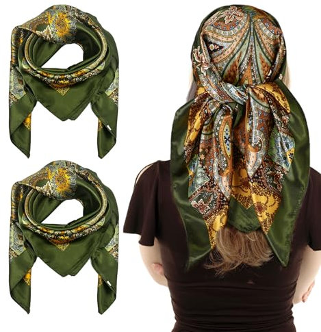 UILYNIU 2 Piezas Bufanda para Mujer, Pañuelos Satén Cuadrados Grandes Pelo, Neckerchief Turbante Cuadrado, Mujer Satín Bufanda Estampada, Pañuelos Cabeza, Ligero Elegante Hijab, Talla única (Verde)