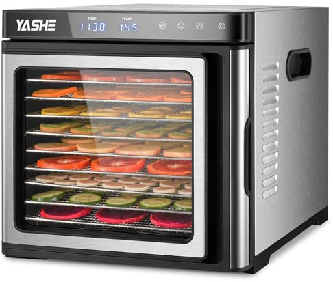 YASHE Máquina deshidratadora de alimentos, deshidratadora de acero inoxidable de 9 bandejas, secador de alimentos de 1000 W con temporizador y temperatura ajustables, recetas incluidas para carne,