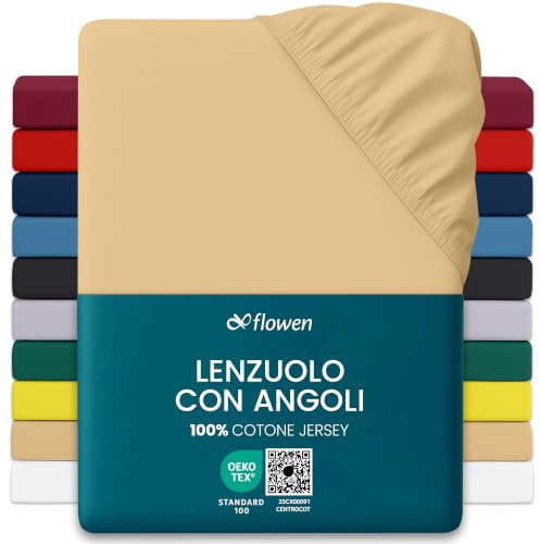 Flowen Jersey Spannbettlaken 120x200cm | Spannbetttuch 100% Baumwolle Rundumgummizug | Bettlaken 30cm Steghöhe Tiefe Tasche | Oeko-Tex Zertifiziert Weich Elastisch Atmungsaktiv Bügelfrei (Beige)