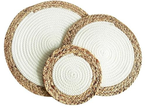 placemat, 1/3pcs 20/30cm Woven Placemats, Round Placemats, Wicker Water Hyacinth With Cotton Placemats, Braided Placemats Set Anti-Slip for Dinner Plate(White,20cm)