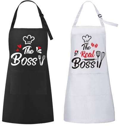 ROSEMO 2pcs Mr. & Mrs Küchen Schürze The Boss und The Real Boss Lustige Paare Küchenschürze mit Tasche Verstellbar Kochschürze Grillschürzen Geschenk für Hochzeit Verlobung Valentinstag Weihnachten