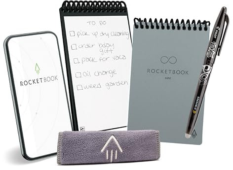 Rocketbook Wiederverwendbarer Mini-Notizblock, Taschenformat, 8,9 x 14 cm, Grau – gepunktete Seiten, App-verbunden, löschbar, ideal für unterwegs und schnelle Notizen überall