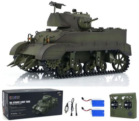 wheelfun Henglong 1/16 RTR 2.4Ghz RC Panzer US M5A1 Stuart VI | Ferngesteuerter Leuchtturm, 360 Grad drehbar, LED-Lichter, Rauchfunktion, Hobby-Tankmodell
