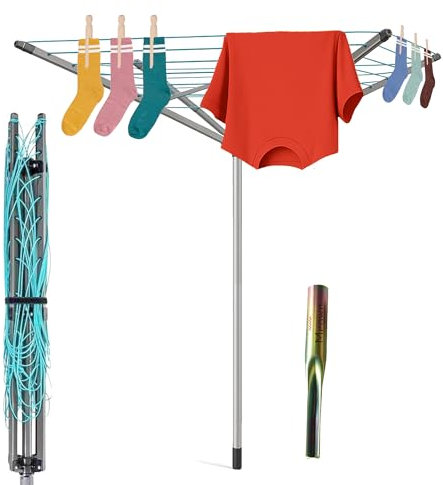 Meown 60M Rotary Washing Line, 4 Arm Outdoor Clothes Airer with Ground Spike, Whirligig Garden Dryer, Adjustable Height, Windproof & Easy to Open and Close for Garden & Laundry Drying