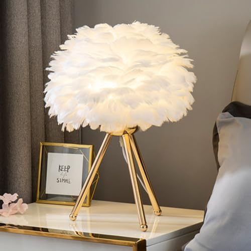 Mengjay Romantische LED Feder Tischlampe E27 Fassung - Elegantes Design mit goldenem Metallständer, 1,5m Kabel mit Schalter (ohne Birne) - Dekoleuchte für Wohnzimmer & Schlafzimmer (Weiß)