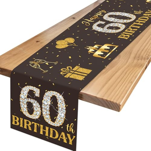 Tischläufer 60. Geburtstag Schwarz Gold, Happy Birthday 60 Tischdecke mit Diamanten, Tischdeko Geburtstag für Männer Frauen 60 Geburtstagsdeko, Tischdekoration 60 Jahre
