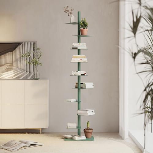 CADEHUB BüCherregal Drehbar, Platzsparendes BüCherregal, BüCherturm Aus Metall Mit Vertikalem RüCken, Schlichtes Design, Nur 40 cm StandfläChe, DIY-BüCherregal Zur Dekoration Green