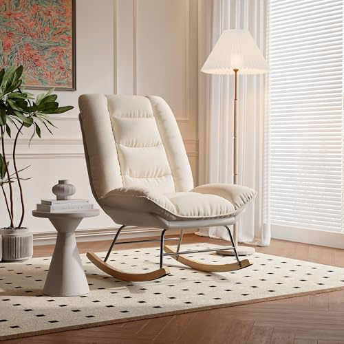 YNYHTER Mecedora Tapizada,Sillón Balancín Salon Rocking Chair Mecedora con Cojin Acolchado Mecedoras con Respaldo Sillón de Lectura Comodo Silla Mecedoras para Adulto (Beige+Tela tech1)